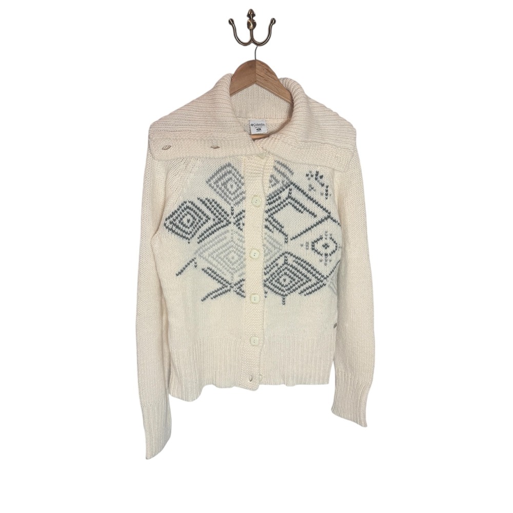 Columbia Women's Cream Geometric Pattern Shawl Collar Wool Cardigan Sweater XL